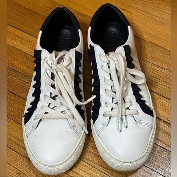 Tory Burch White and Black Ruffle Sneakers - Picture 2 of 5